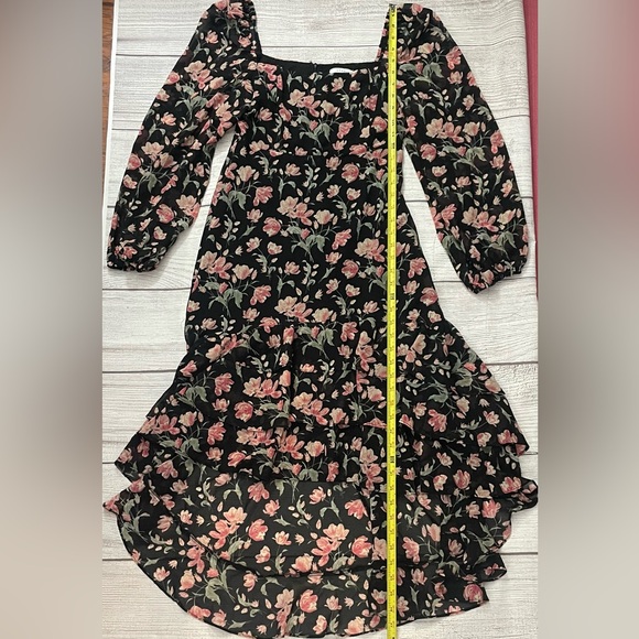 LUSH Women's Long Sleeve High-Low Boho Dress Black Red Floral Size Medium - Picture 5 of 8